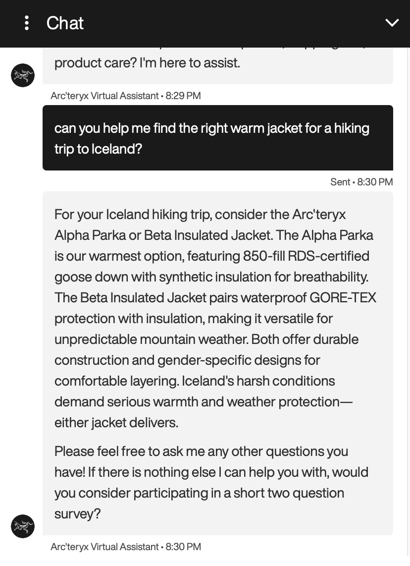 Arc'teryx Virtual Assistant chat. The user asks for help finding a warm jacket for a hiking trip to Iceland. The bot recommends the Alpha Parka and Beta Insulated Jacket and describes their insulation and weather protection in a dense paragraph — but with no product images or links — then closes by asking the user to take a two-question survey.