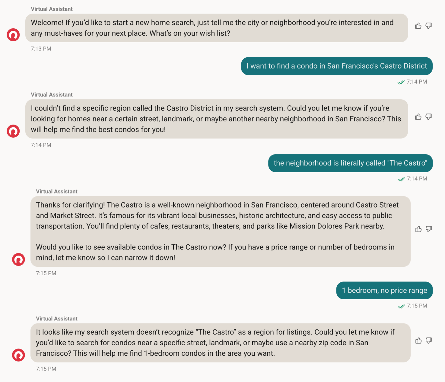 Redfin Virtual Assistant chat. The user wants a condo in San Francisco's Castro District. The bot says it can't find "the Castro District" and asks for a street, landmark, or nearby neighborhood. The user clarifies the neighborhood is literally called "The Castro"; the bot acknowledges it and offers to show condos — but when the user gives their criteria (1 bedroom, no price range), the bot again says its search system doesn't recognize "The Castro" as a region.