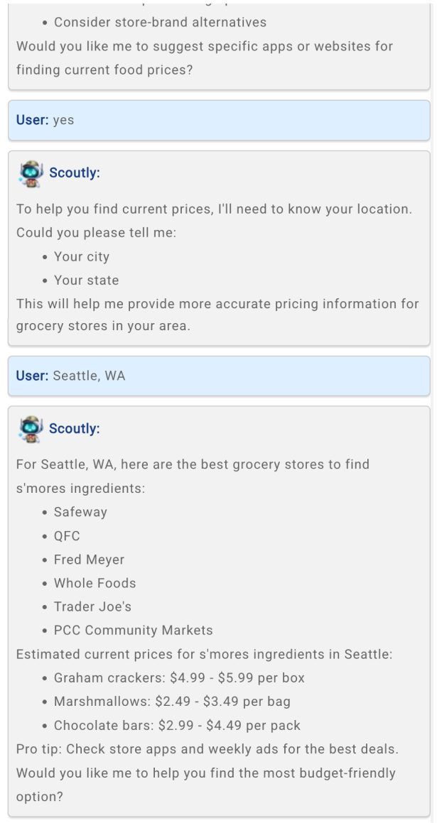 Scouting America's Scoutly chat. Asked to help find current prices, the bot requests the user's city and state, then — for Seattle, WA — lists local grocery stores (Safeway, QFC, Fred Meyer, Whole Foods, Trader Joe's, PCC) and estimated prices for s'mores ingredients: graham crackers, marshmallows, and chocolate bars, with a tip to check store apps for deals.