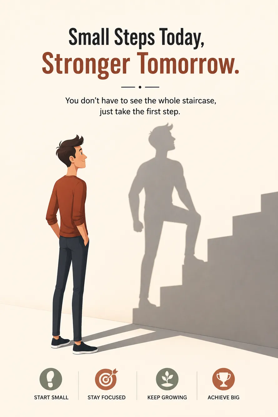 Minimal motivational poster about taking small steps toward big success with symbolic shadow artwork. Minimal motivational poster about taking small steps toward big success with symbolic shadow artwork.