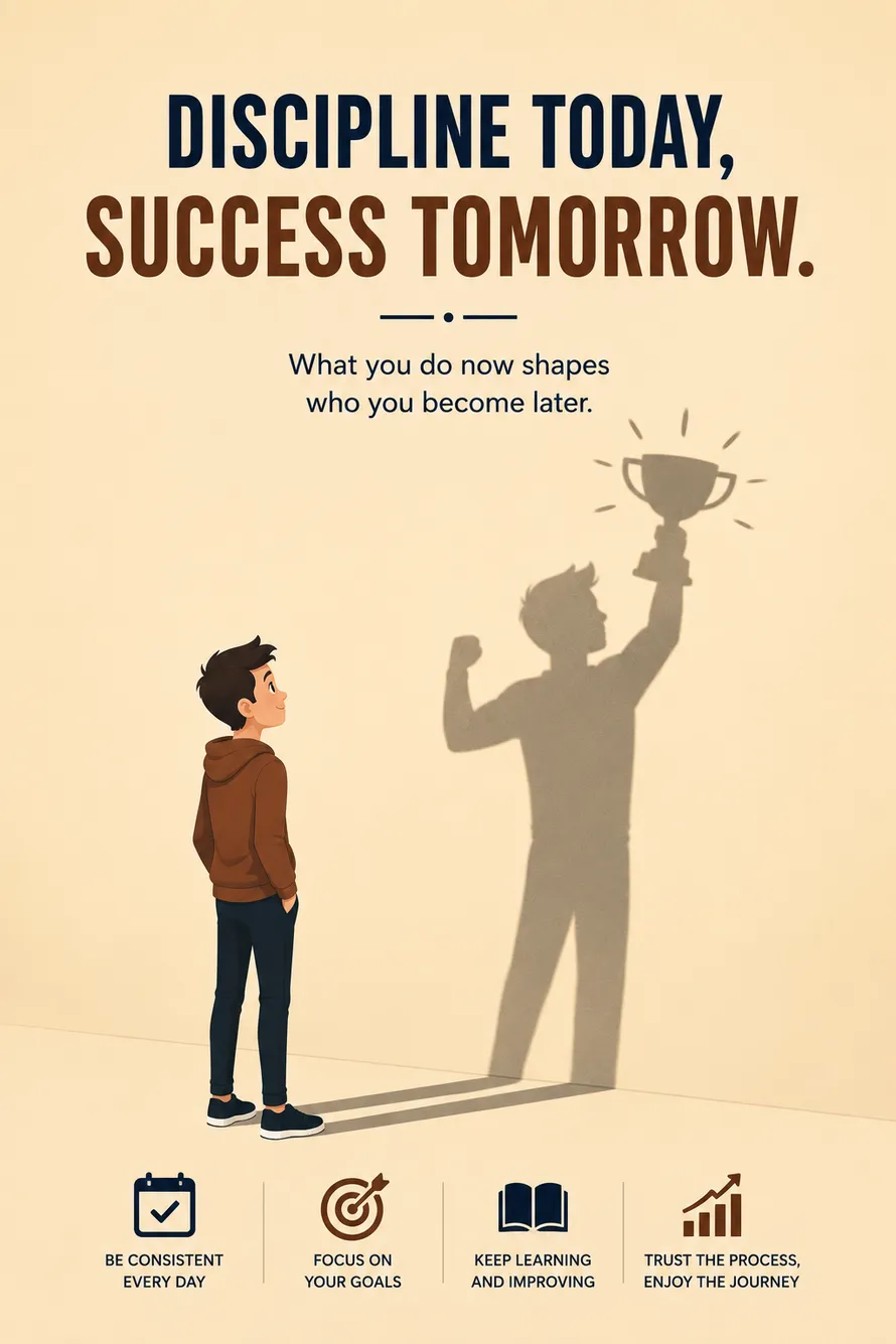 Minimal motivational poster of a disciplined character with a future shadow representing personal growth. Minimal motivational poster of a disciplined character with a future shadow representing personal growth.