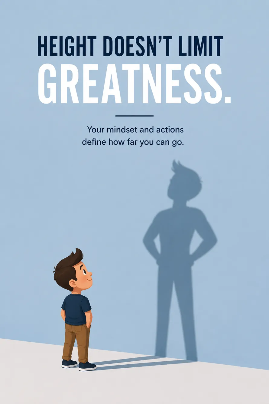 Minimal motivational poster of a short boy with a tall shadow representing confidence and greatness. Minimal motivational poster of a short boy with a tall shadow representing confidence and greatness.