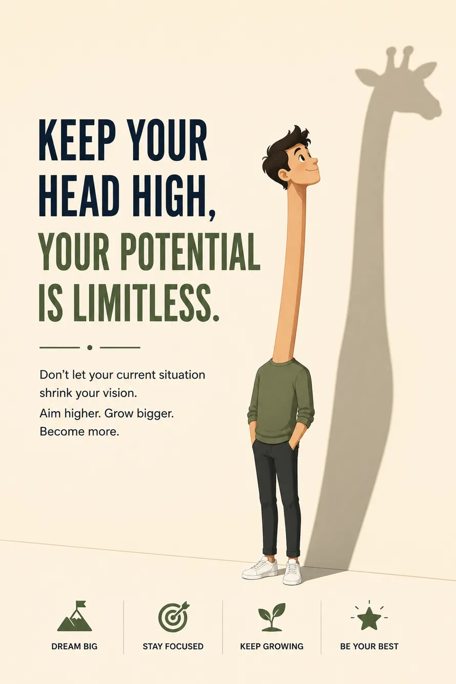 Minimal motivational poster featuring a long-neck character with a powerful shadow symbolizing limitless potential. Minimal motivational poster featuring a long-neck character with a powerful shadow symbolizing limitless potential.