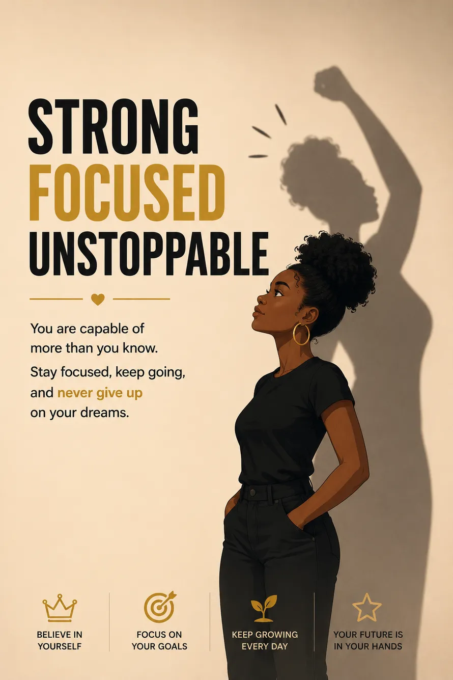 Minimal motivational poster of a dark-skinned girl with a confident shadow representing inner strength. Minimal motivational poster of a dark-skinned girl with a confident shadow representing inner strength.