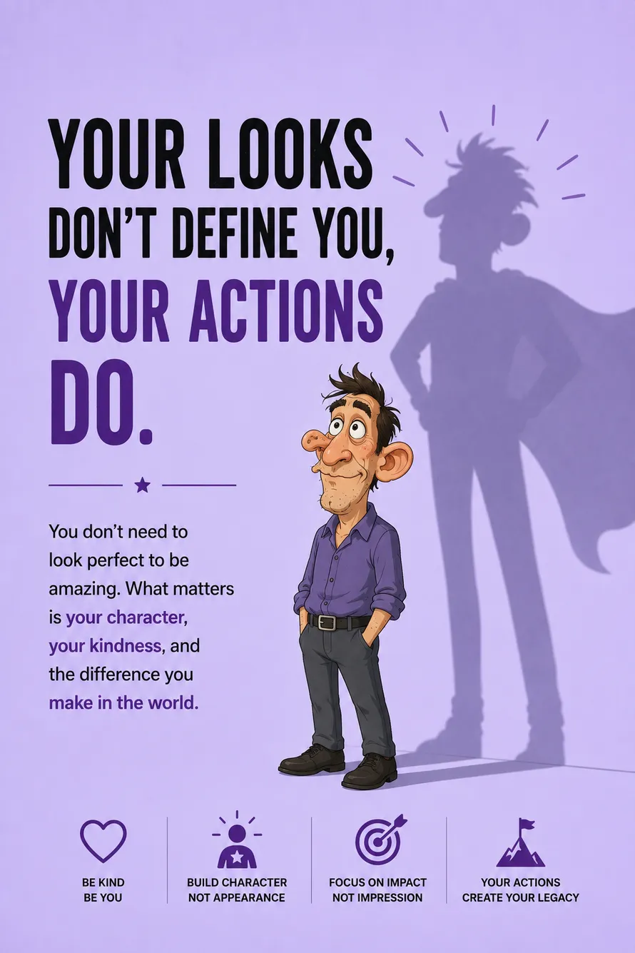 Minimal motivational poster of a cartoon character with an unusual face and a superhero shadow promoting character over appearance. Minimal motivational poster of a cartoon character with an unusual face and a superhero shadow promoting character over appearance.
