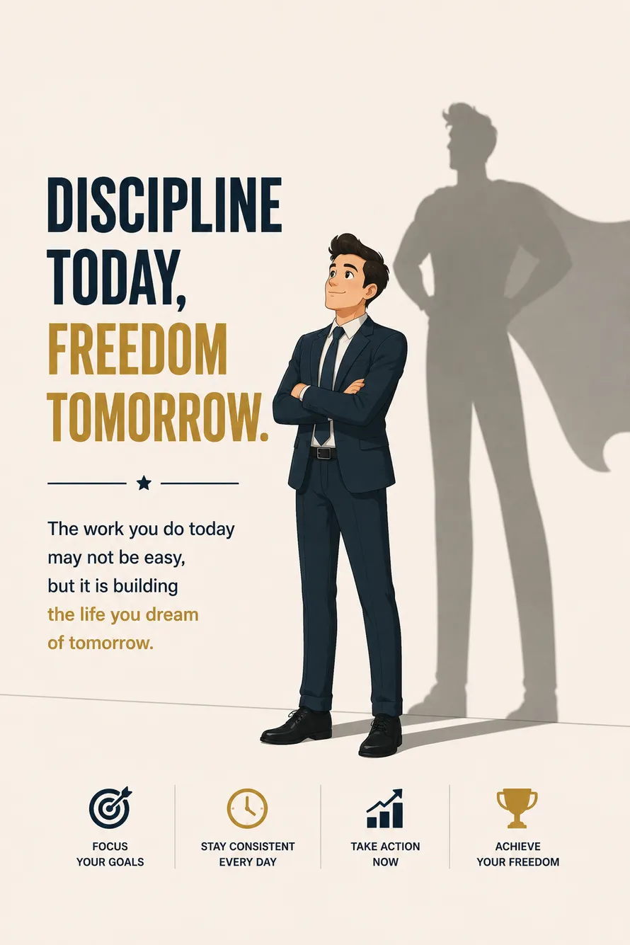 Minimal motivational poster of a business professional with a successful leader shadow symbolizing discipline and achievement. Minimal motivational poster of a business professional with a successful leader shadow symbolizing discipline and achievement.