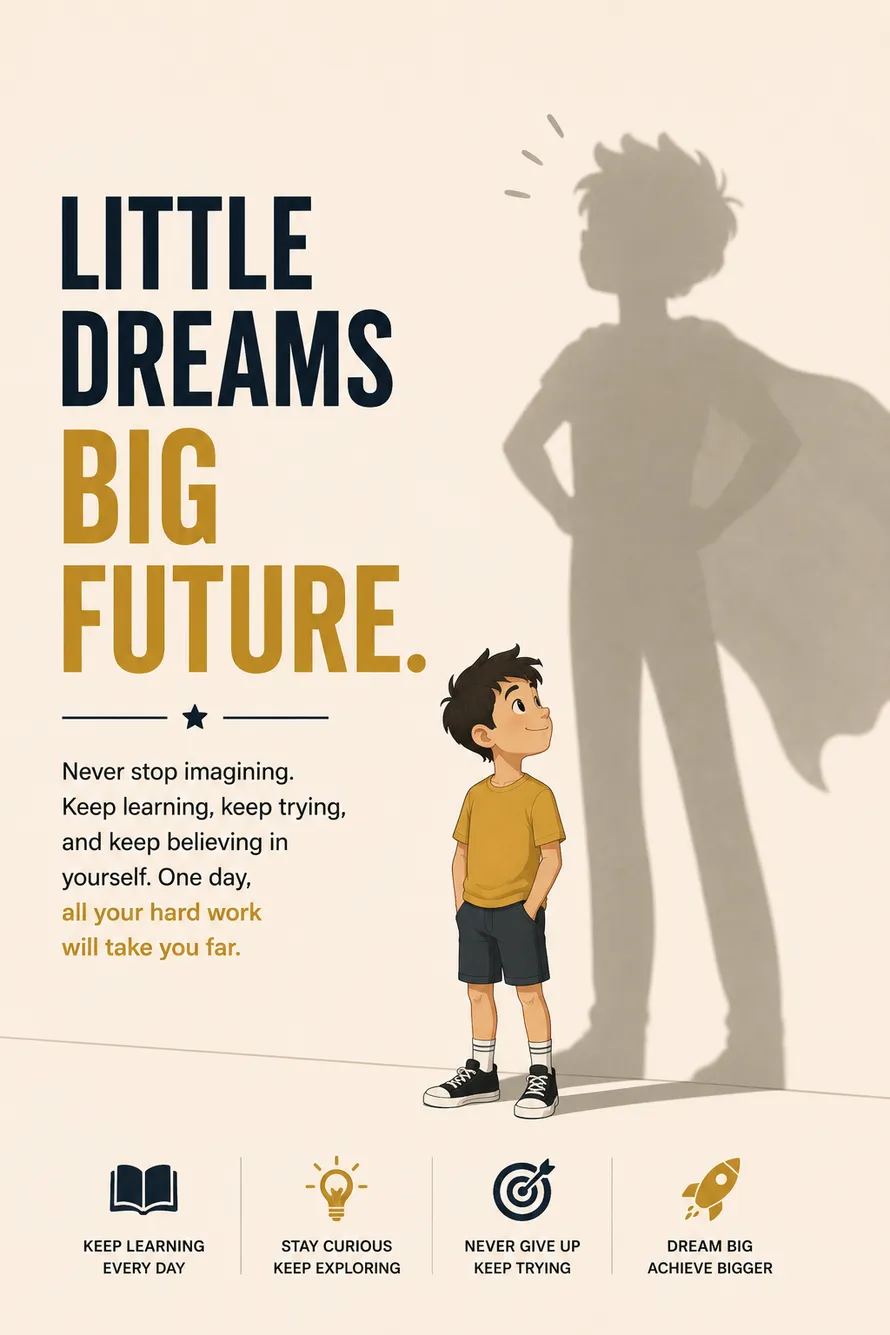 Minimal motivational poster of a young child with a successful future shadow encouraging big dreams. Minimal motivational poster of a young child with a successful future shadow encouraging big dreams.