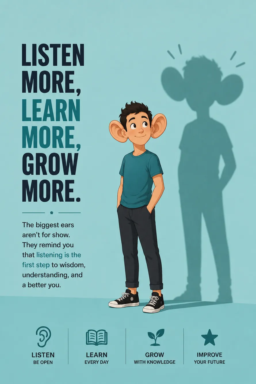 Minimal motivational poster of a character with large ears and a wise shadow promoting active listening. Minimal motivational poster of a character with large ears and a wise shadow promoting active listening.