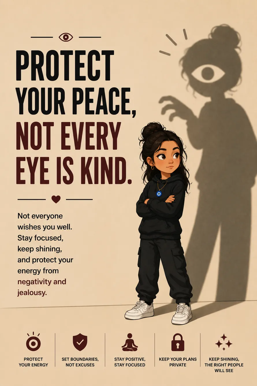 Minimal motivational poster of a girl protecting herself from negativity with a peaceful shadow symbolizing focus. Minimal motivational poster of a girl protecting herself from negativity with a peaceful shadow symbolizing focus.