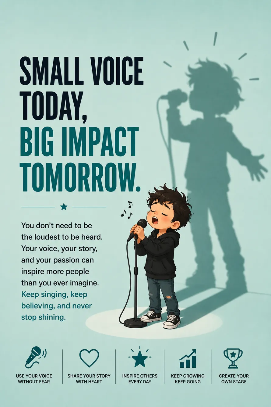 Minimal motivational poster of a young singer with a performer shadow inspiring courage and creativity. Minimal motivational poster of a young singer with a performer shadow inspiring courage and creativity.