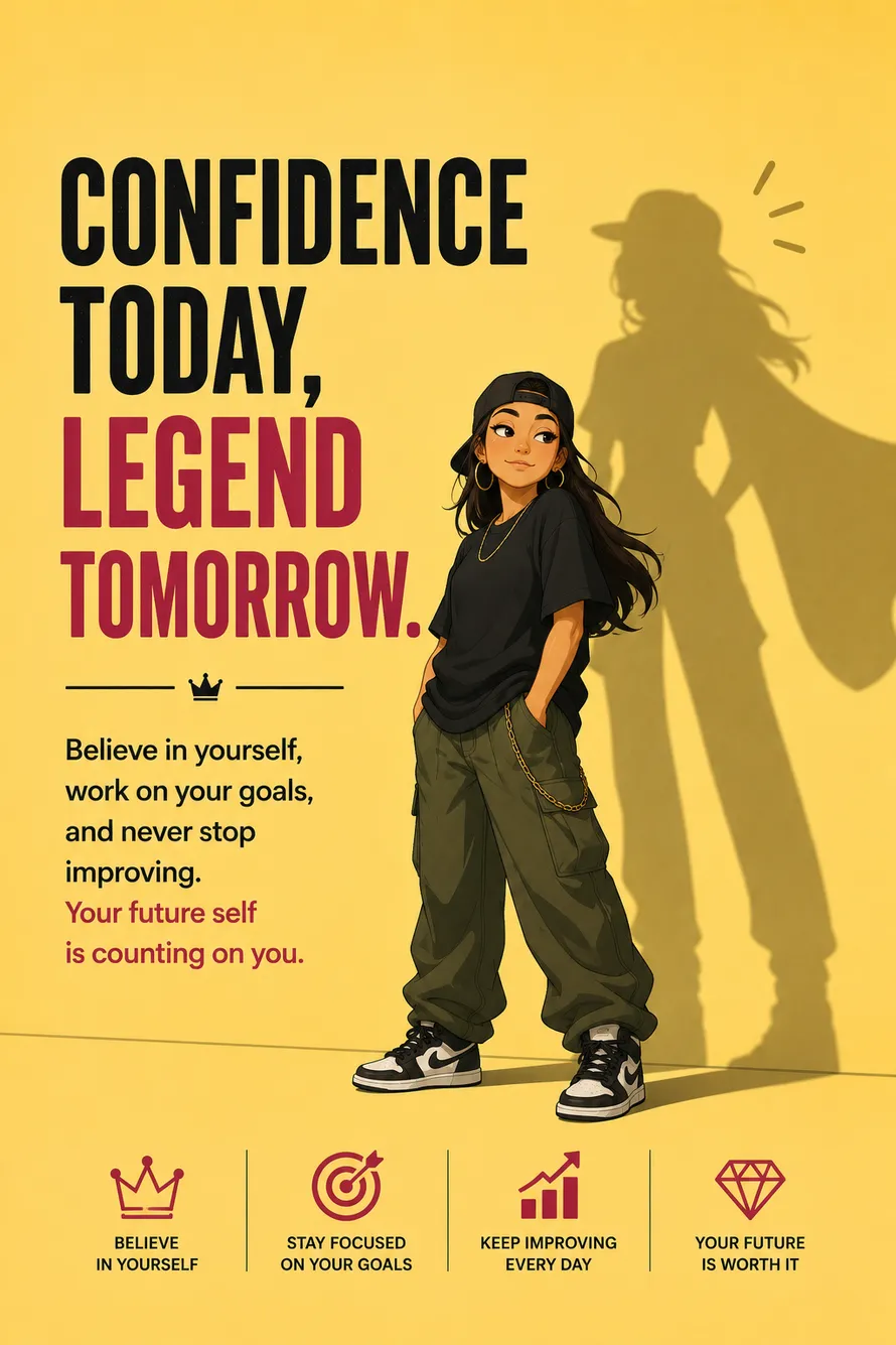 Minimal motivational poster of a hip-hop girl with a legendary shadow representing confidence and ambition. Minimal motivational poster of a hip-hop girl with a legendary shadow representing confidence and ambition.