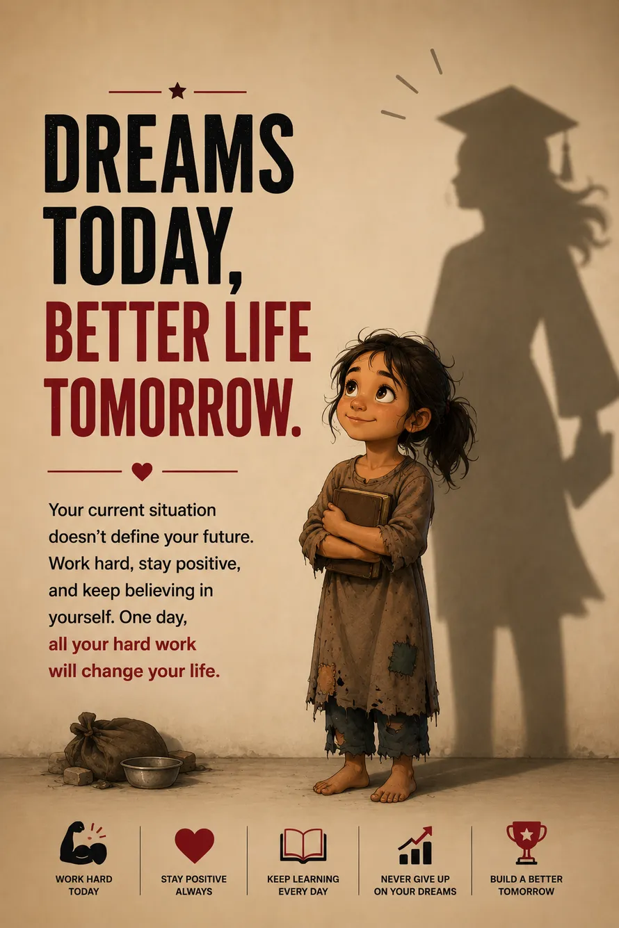 Minimal motivational poster of a poor girl with a successful future shadow symbolizing hope and perseverance. Minimal motivational poster of a poor girl with a successful future shadow symbolizing hope and perseverance.