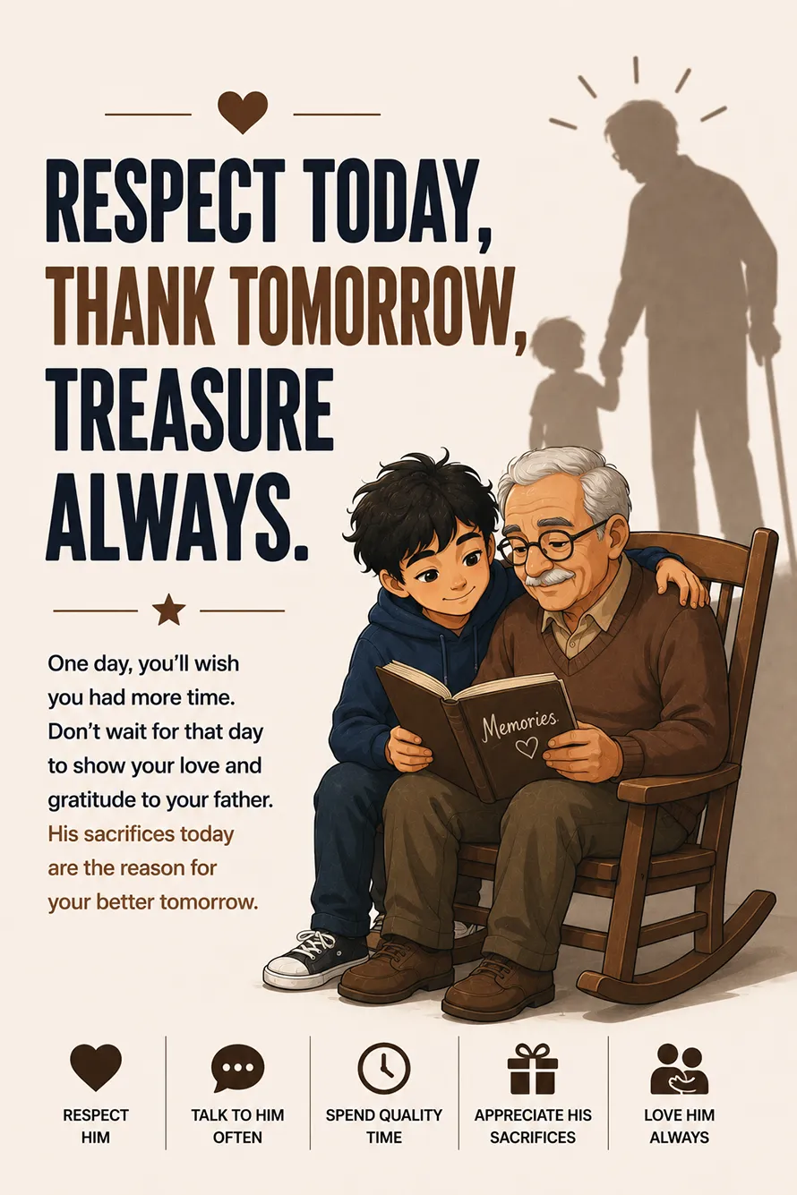 Minimal motivational poster of an elderly father with a respected shadow promoting gratitude and family values. Minimal motivational poster of an elderly father with a respected shadow promoting gratitude and family values.