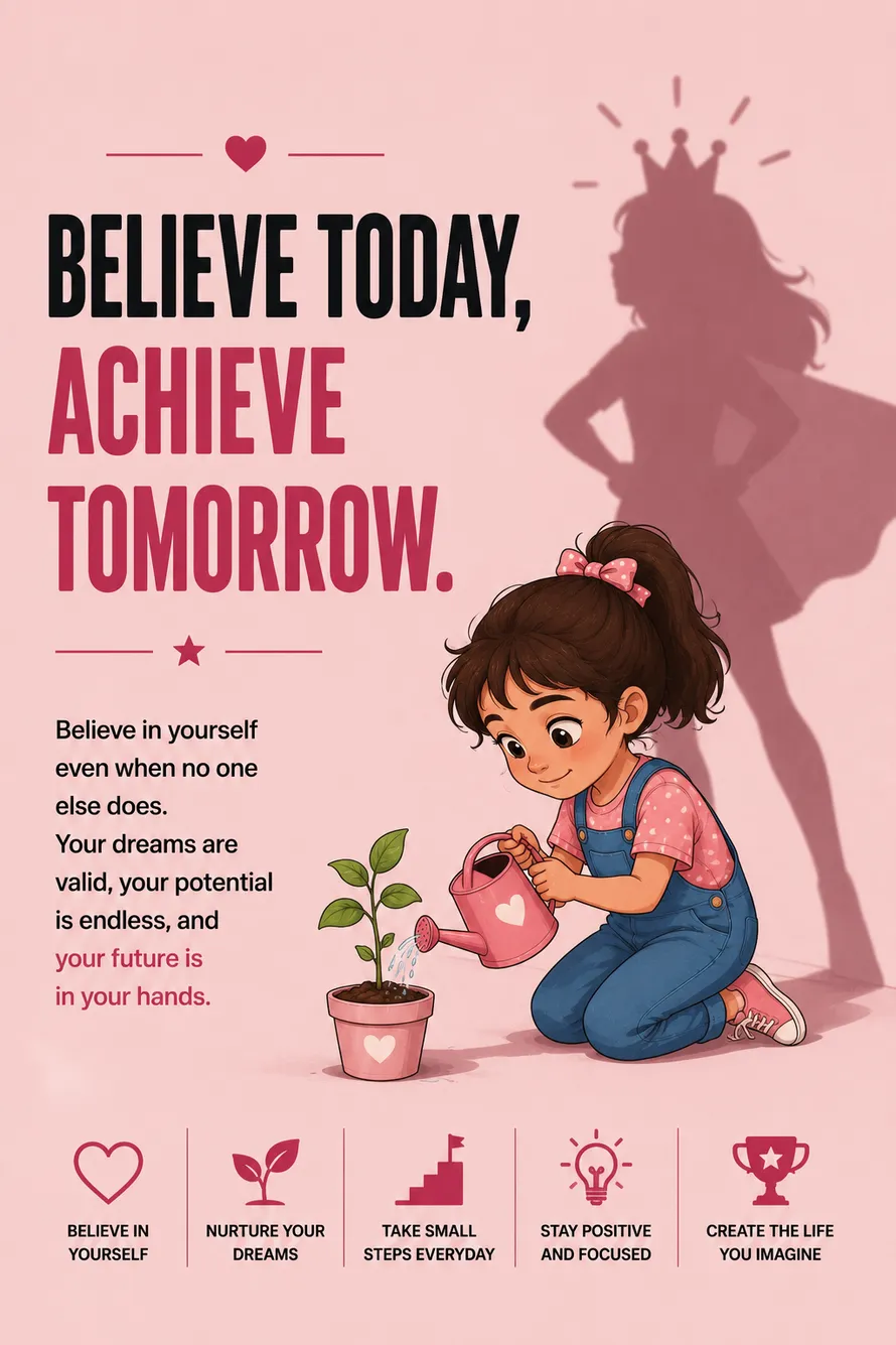 Minimal motivational poster of a little girl with a flourishing future shadow encouraging self-belief. Minimal motivational poster of a little girl with a flourishing future shadow encouraging self-belief.