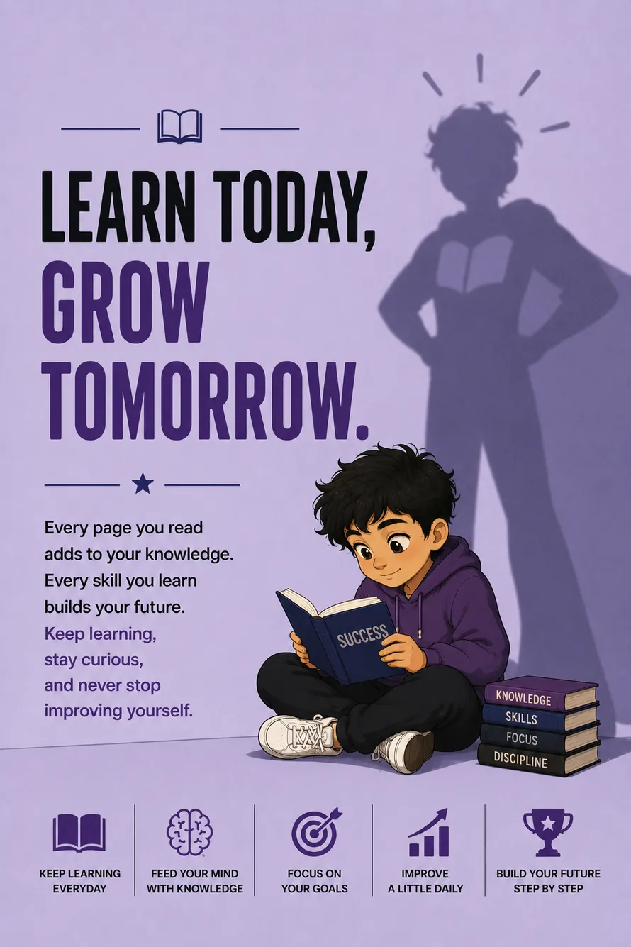 Minimal motivational poster of a student studying with a leader shadow representing knowledge and success. Minimal motivational poster of a student studying with a leader shadow representing knowledge and success.
