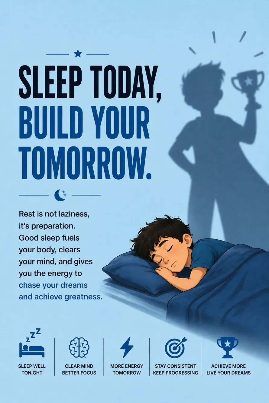 Minimal motivational poster of a sleeping boy with an energetic future shadow promoting rest and recovery. Minimal motivational poster of a sleeping boy with an energetic future shadow promoting rest and recovery.