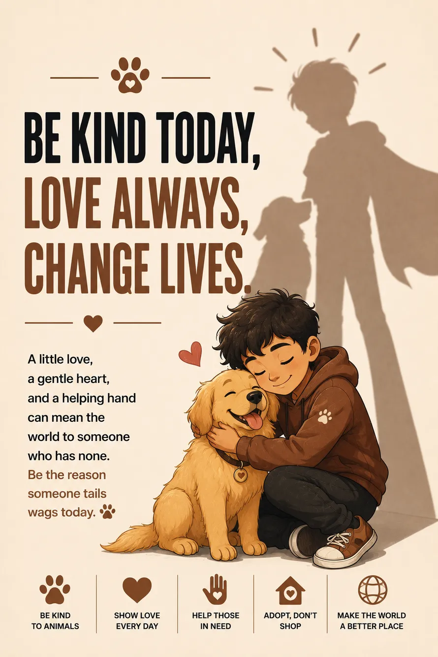 Minimal motivational poster of a pet lover with a compassionate shadow celebrating kindness toward animals. Minimal motivational poster of a pet lover with a compassionate shadow celebrating kindness toward animals.