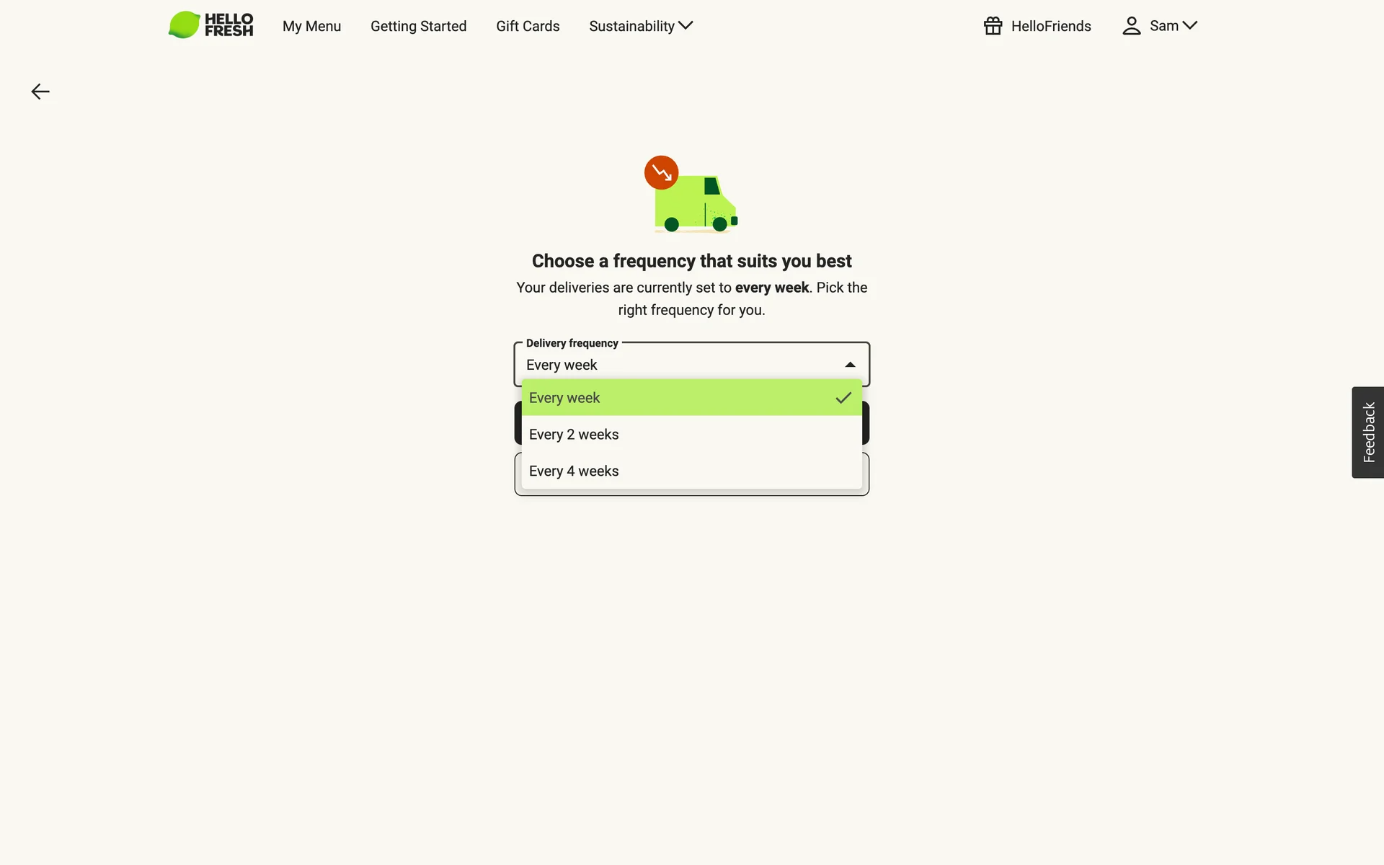 HelloFresh delivery-frequency dropdown open with only three options — Every week (selected), Every 2 weeks, Every 4 weeks — amid empty space.