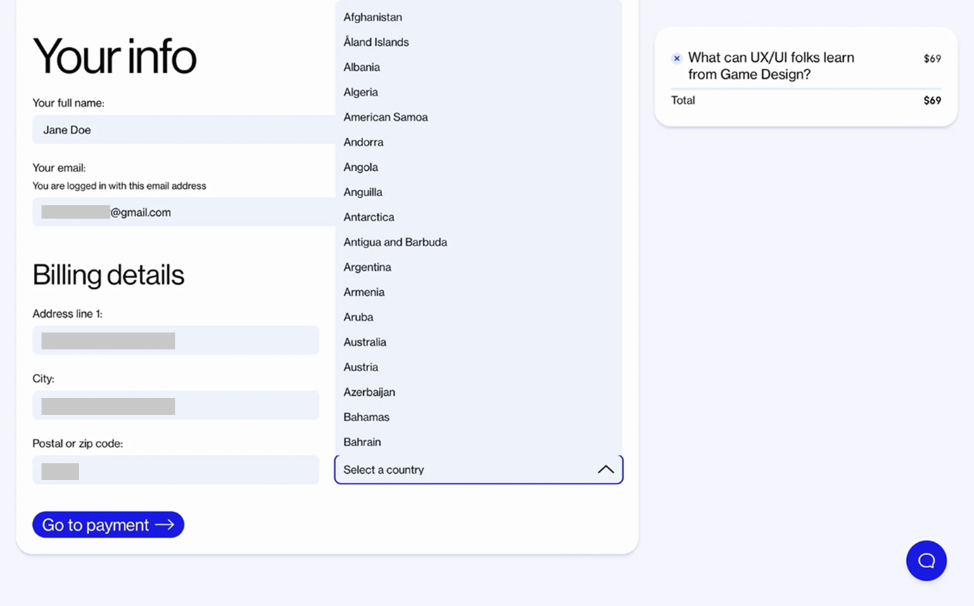 SuperHi checkout with a "Select a country" dropdown open, showing a long alphabetical country list in the billing form.