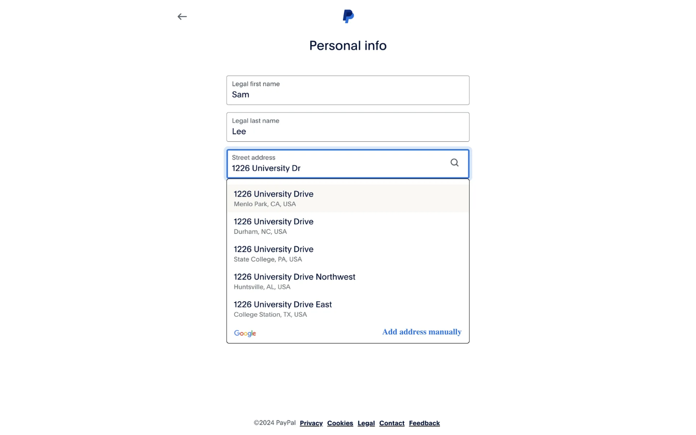 PayPal signup with a street-address field showing typed text and matching Google address suggestions, no separate state field.