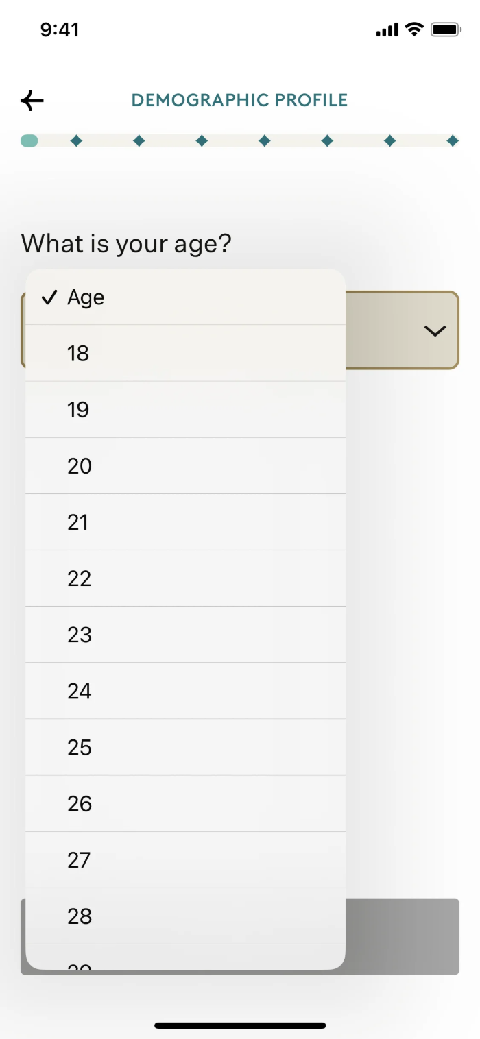 Noom mobile age question with a dropdown open, listing individual ages from 18 upward in a long scrolling list.