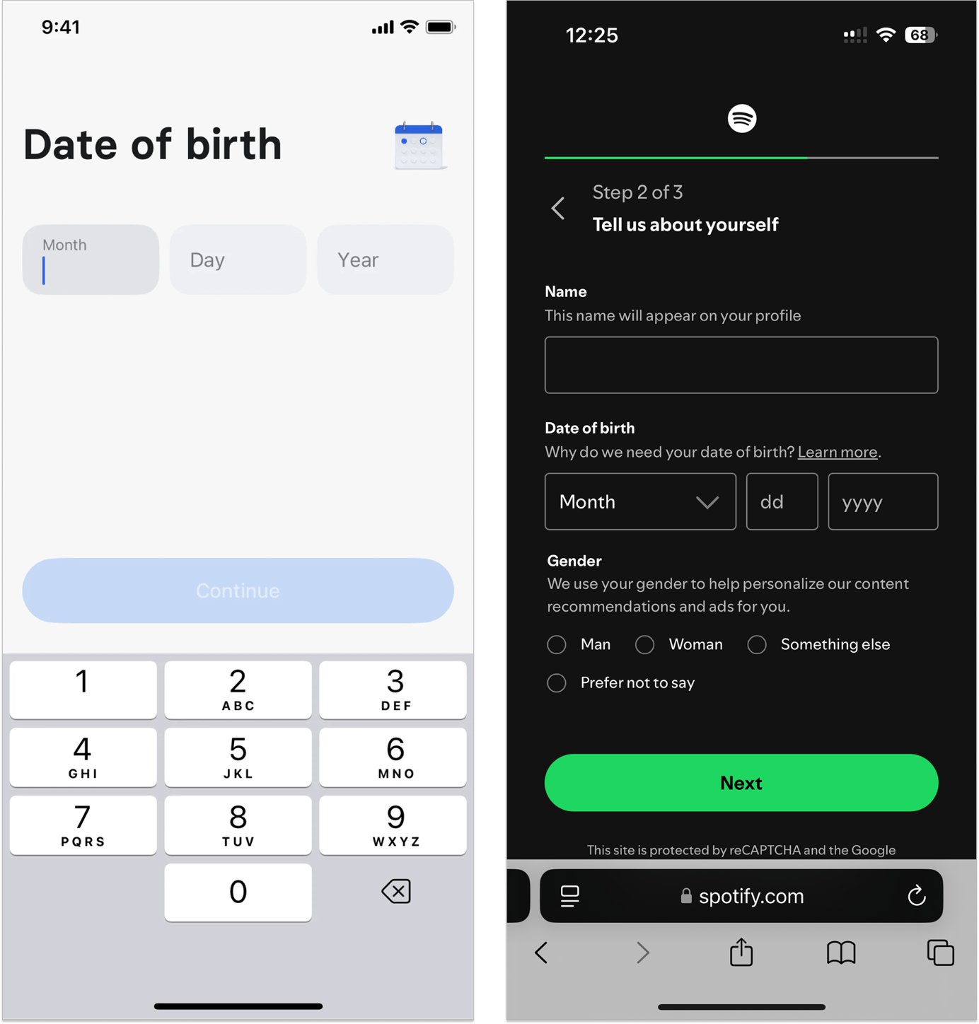 Screenshot of two birthdate fields. On the left, there is a keypad to input numbers. On the right, there is a dropdown for month, but text inputs for day and year.