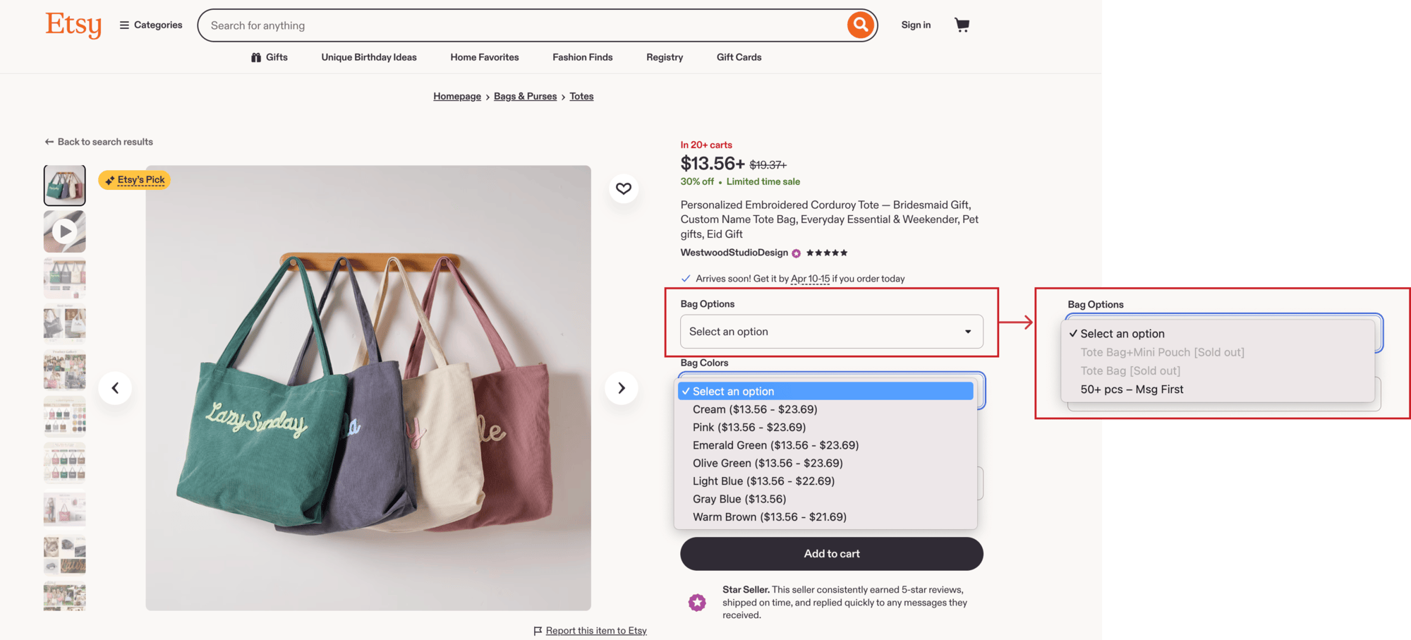 Etsy tote product page with separate Bag Options and Bag Colors dropdowns; a callout shows options are sold out only after opening.