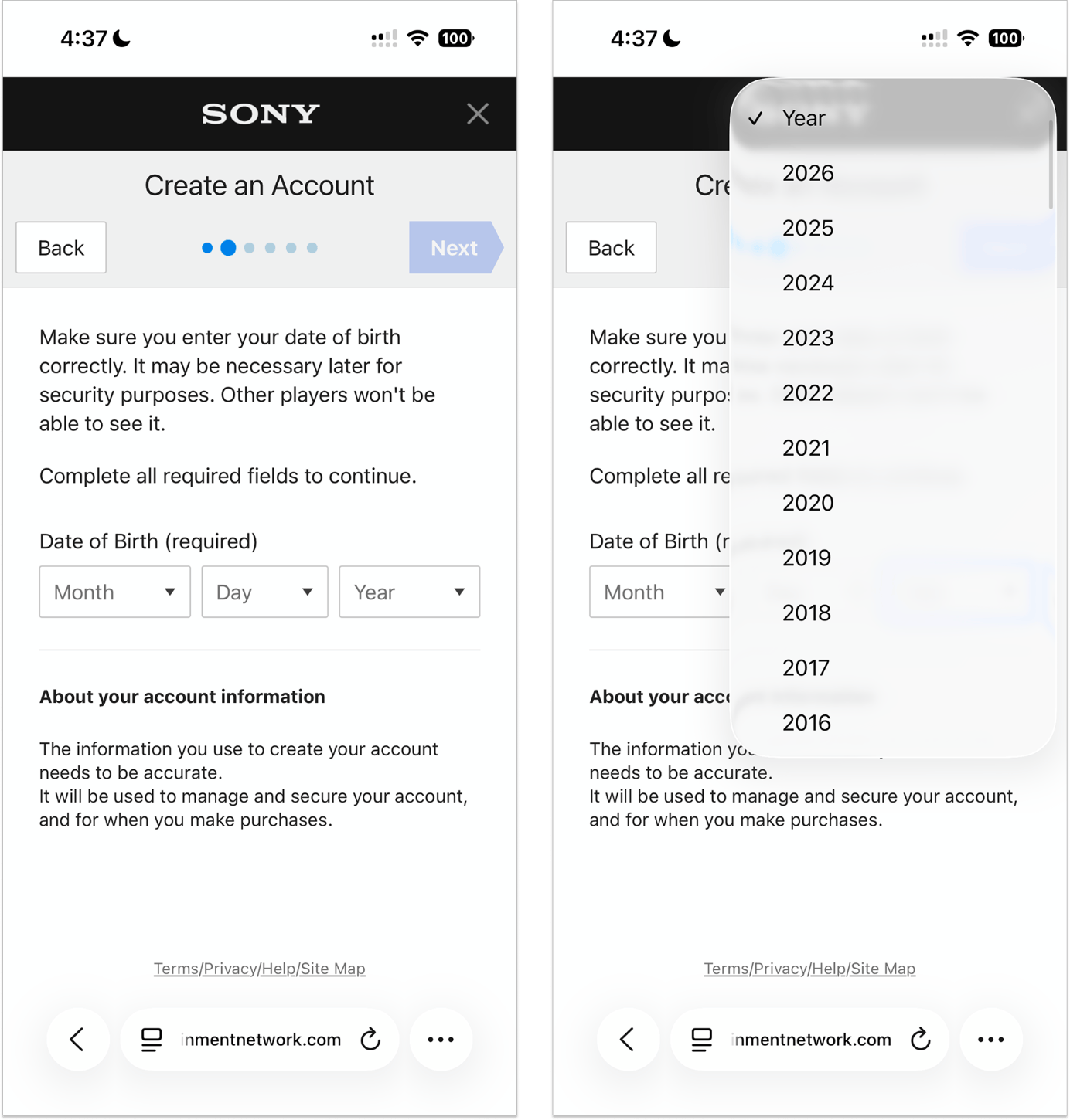 Sony birth-year dropdown open, showing a long descending list of years to scroll through