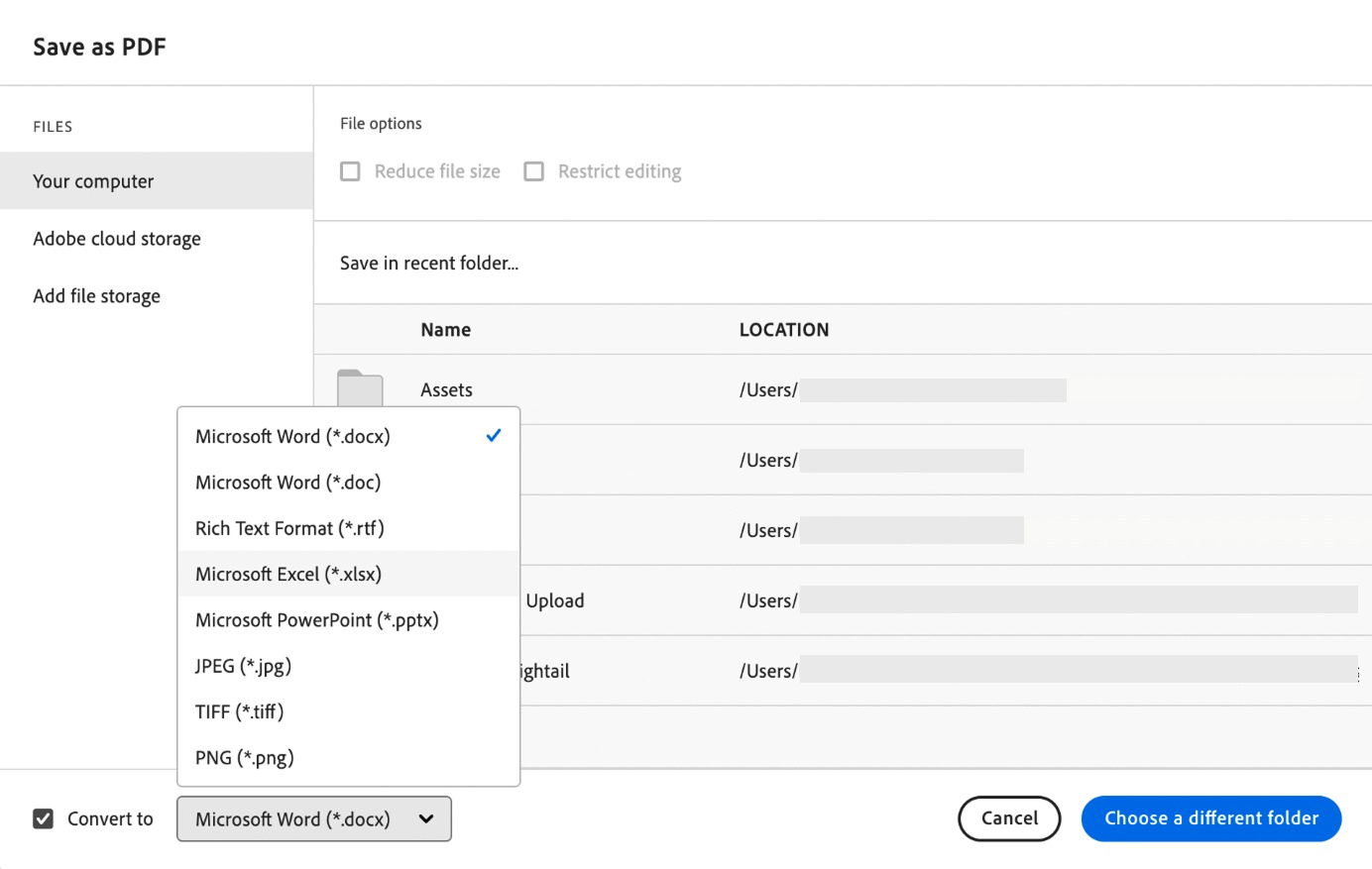 Adobe Acrobat export modal with a "Convert to" file-format dropdown at the bottom left corner