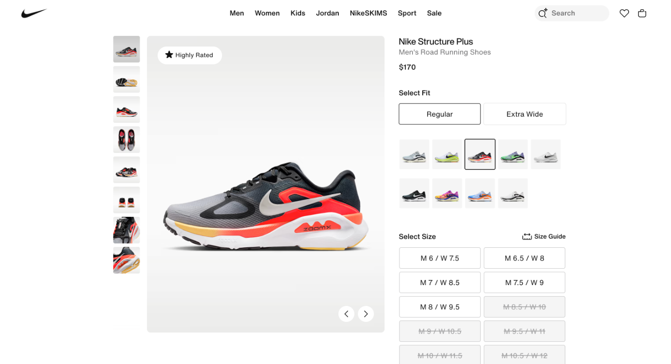 Shoe product page with all the shoe colors and sizes featured on screen. Shoe sizes not available have buttons that are gray and crossed out.