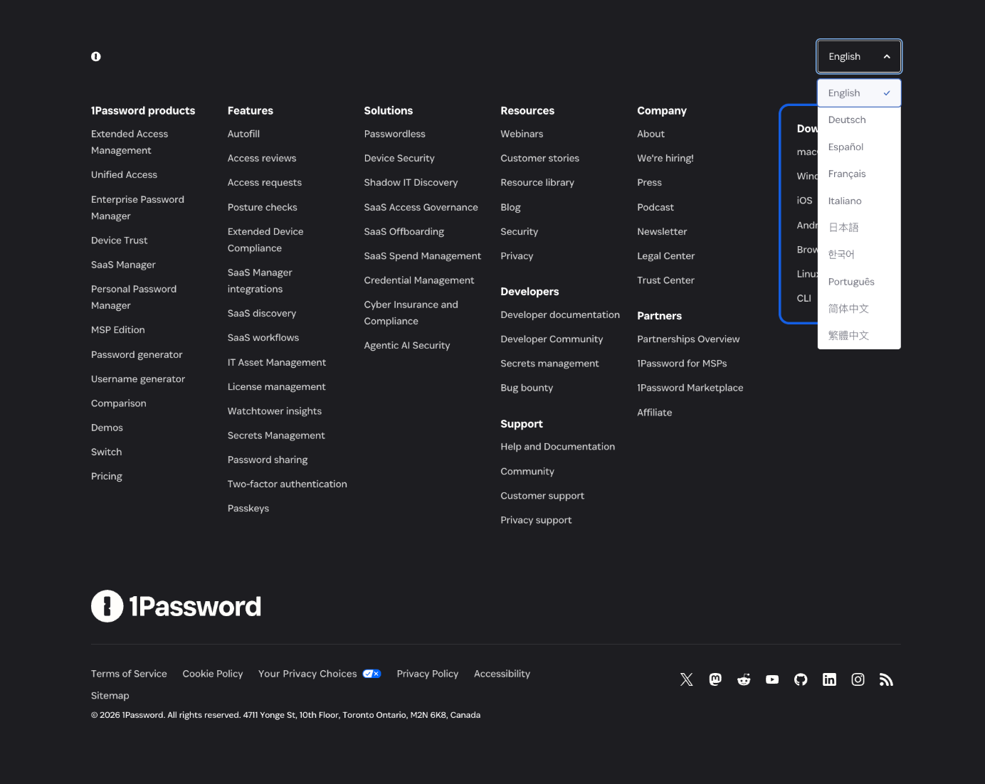 1Password's dense multi-column site footer with a language dropdown open, listing ten languages