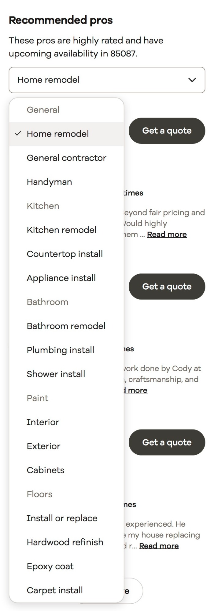 Realtor.com mobile "Home remodel" dropdown open, showing a long option list grouped under labels like Kitchen, Bathroom, and Floors.